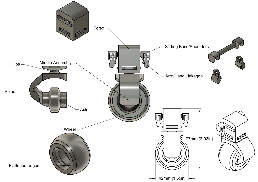 Technical drawing of moving parts and joints for the project's puppet design